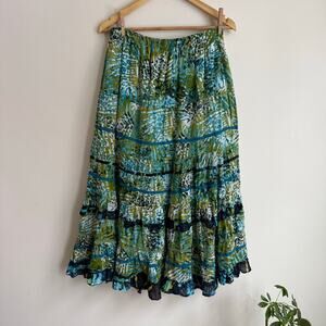 Y2K VTG Choices Boho Maxi Tiered Peasant Skirt Blue Green Botanical Print Size S